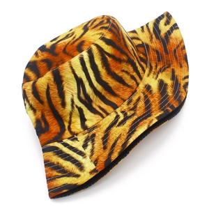 Detail of tiger print bucket hat featuring black stripes and reinforced brim stitching