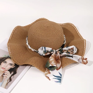 Chapeau de Paille Femme Élégant Bord Ondulé Large Bord Avec Nœud Floral Décoration Künstliche Perles Respirant Plage Vacances