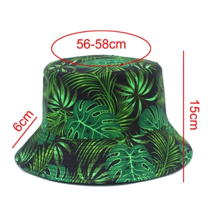 Tropical leaf print bucket hat detail showing size dimensions 56-58cm for sun protection