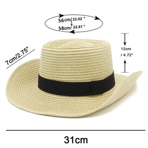 Detailed size specifications for the beige woven straw hat showing dimensions and brim width