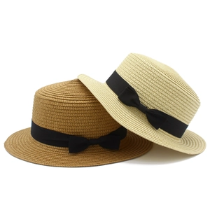 Cappello Paglietta da Donna Vintage Cima Piatta in Paglia Protezione Solare Con Fiocco a Nastro Nero per Vacanze Estive