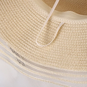 Detail of summer straw hat interior showing the sweatband and elastic windproof chin strap