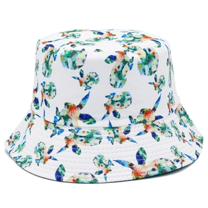 White bucket hat with colorful abstract rabbit patterns for outdoor sun protection