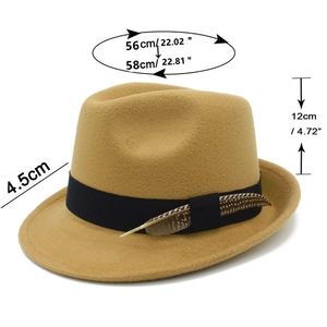 Detailed size specifications for the felt jazz hat with feather trim on a white background