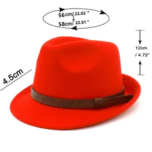 Size chart showing head circumference and brim dimensions for the red felt fedora hat