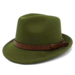 Close-up of olive green felt fedora featuring a vintage floral embossed brown leather band