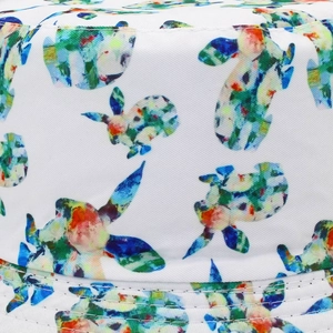 Detailed macro view of white canvas sun hat featuring colorful abstract bunny prints