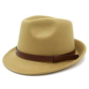 Elegant khaki wool felt fedora hat featuring a vintage embossed leather decorative belt