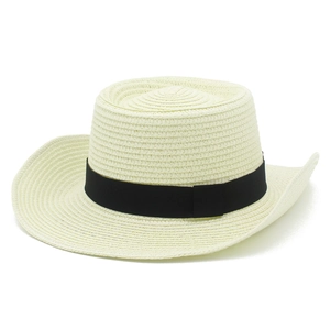 Breathable cream straw beach hat with black decorative ribbon for sun protection and vacation