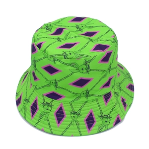 Detail view of cartoon rabbit print on green sun hat with purple diamond pattern