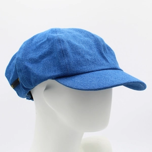 Vintage blue denim octagonal newsboy cap with brown leather label for women