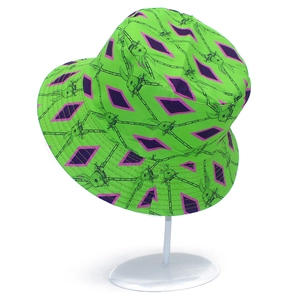 Green bucket hat featuring purple diamond and cute rabbit prints for outdoor sun protection
