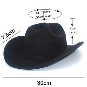 Detailed dimensions of the black western cowboy jazz hat showing brim and crown size