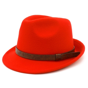 Classic red wool felt fedora hat featuring a vintage floral embossed leather band