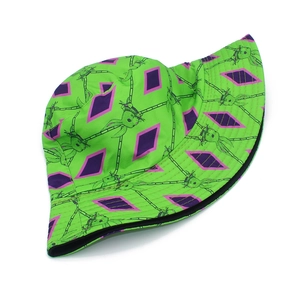 Neon green bucket hat with purple diamond pattern and cute rabbit prints for outdoor sun protection