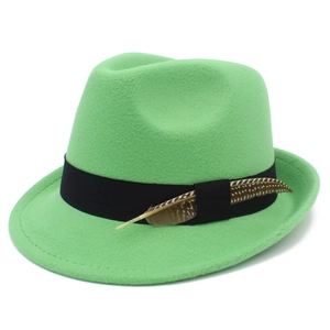 Classic green felt fedora hat with black ribbon band and decorative feather detail