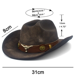 Dimensiones detalladas del sombrero cowboy vintage marrón con adorno metálico de cabeza de toro