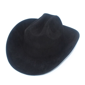 Top view of classic black western cowboy hat featuring wide curled brim and felt texture