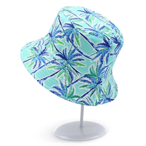 Tropical coconut palm tree print reversible bucket hat in mint green and blue