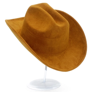 Classic mustard yellow western cowboy hat with wide brim and decorative bull head accessory