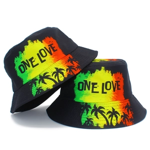 One Love Reggae Rasta Style Cotton Bucket Hat With Palm Tree Print Sun Protection Outdoor Fisherman Hat For Men Women