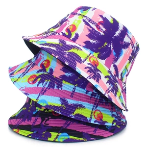 Women's tropical coconut tree print sun bucket hat with vibrant colorful patterns