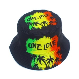 Detailed stitching on black bucket hat with Rasta palm tree and One Love print