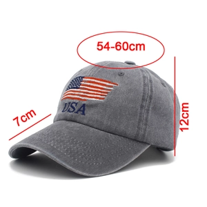 Detailed dimension guide for washed cotton USA flag baseball cap with size markings