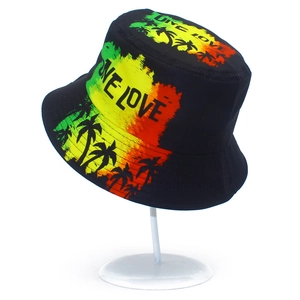 Black One Love bucket hat with palm tree print and tricolor background for outdoor sun protection