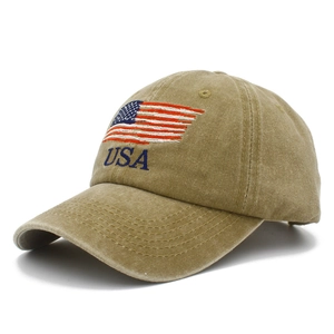 Distressed cotton baseball cap with American flag embroidery and USA logo in khaki