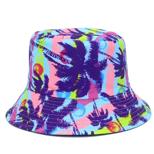 Tropical coconut tree print sun hat with colorful sunset patterns for summer beach travel