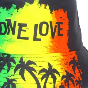 Rasta style bucket hat with ONE LOVE text and palm tree print on black background