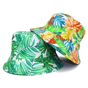 Women Tropical Palm Leaf Print Cotton Bucket Hat Foldable Sun Protection Wide Brim Fisherman Hat For Summer Holiday Beach Travel