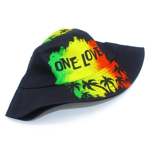 Close-up of One Love lettering and colorful palm tree print on black bucket hat