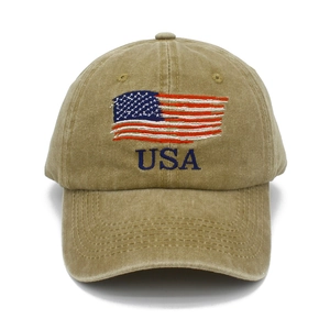 Detail of khaki washed cotton baseball cap with embroidered USA flag and lettering