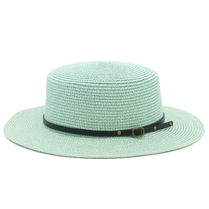 Chic mint green flat top straw boater hat with black faux leather belt and metal buckle