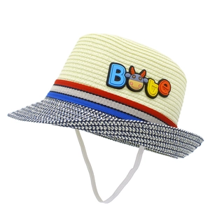 Cappello di paglia per bambini con stemma di cartone animato e tesa a righe blu