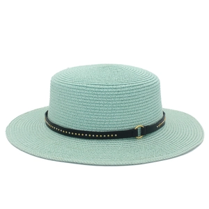 Mint green straw boater sun hat with black leather band and gold metal ring detail