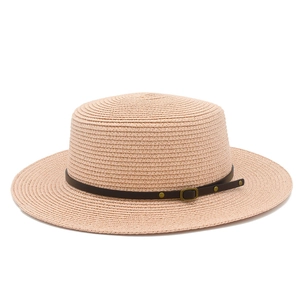 Women's Fashion Boater Straw Hat With Leather Band Gold Studs Summer Sun Protection Beach Flat Top Casual Straw Woven Hat