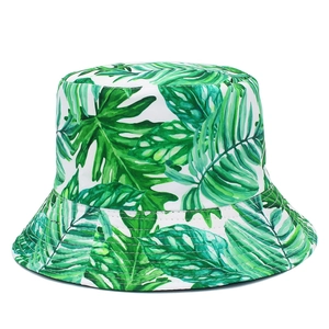 Foldable women's sun hat with green tropical leaf print and durable stitched brim