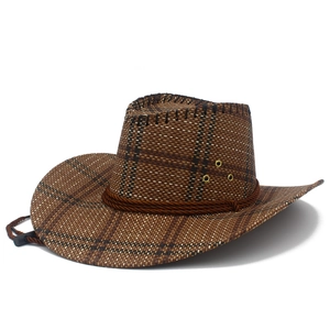 Brown plaid straw western cowboy hat with wide brim and adjustable chin strap