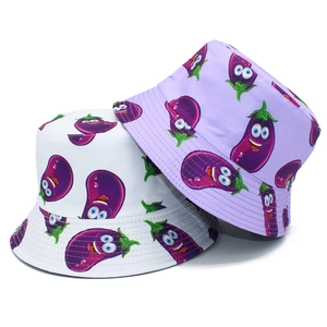 Creative Cartoon Eggplant Print Cotton Bucket Hat Funny Expression Outdoor Sun Protection Fisherman Hat For Women Men