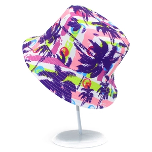 Tropical coconut tree print sun hat for women featuring pink and purple summer patterns