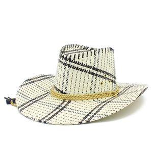 Detail of checkered straw cowboy hat featuring golden rope band and adjustable chin strap
