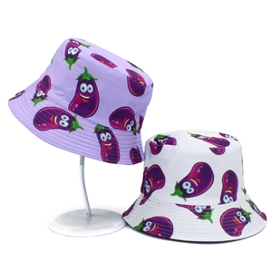 Cartoon eggplant bucket hats in purple and white cotton for sun protection