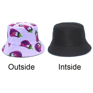 Reversible eggplant pattern sun hat for women featuring purple cartoon print and black side