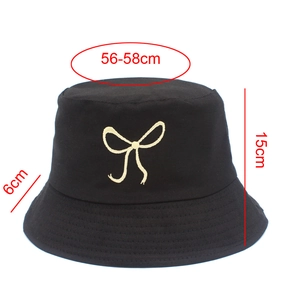 Detailed size guide for black bow-tie embroidery bucket hat with specific dimensions