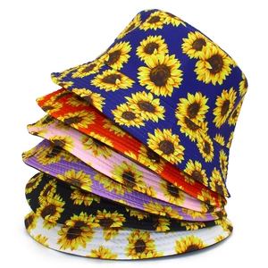 Detailed stack of sunflower print bucket hats in six vibrant colors for sun protection