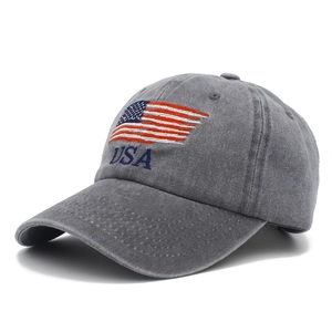 Close-up of vintage grey cotton baseball cap with American flag and USA embroidery