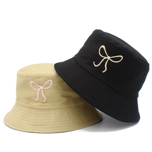 Korean Style Bow Embroidered Bucket Hat For Women Cotton Foldable Summer Sun Hat Breathable Outdoor Travel Beach Panama Basin Hat